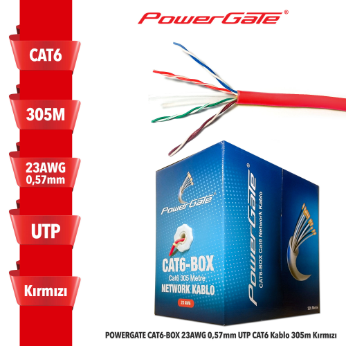 POWERGATE CAT6-BOX-RE, 23AWG, 0,57mm, UTP, CAT6 Kablo, 305m, Kırmızı
