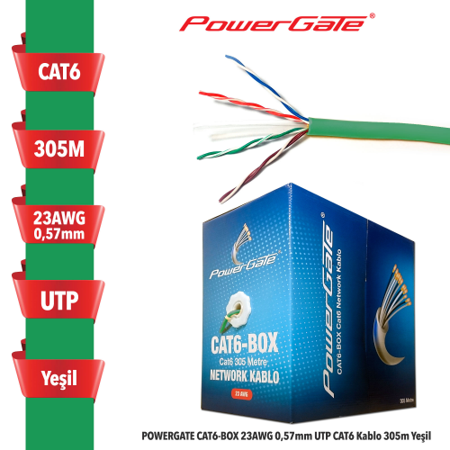 POWERGATE CAT6-BOX-GN, 23AWG 0,57mm, UTP, CAT6 Kablo, 305m, Yeşil