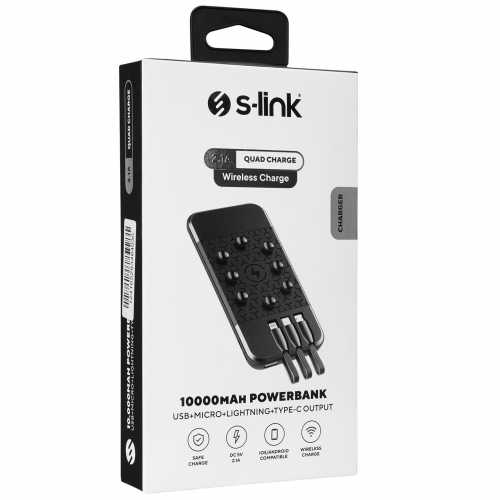 S-LINK IP-G14W, 10.000mAh, 2xUSB, 1xMicro USB, 1xType-C, LCD Göstergeli, Kablosuz, Vantuz Stant, Dahili Kablolu, PowerBank Siyah