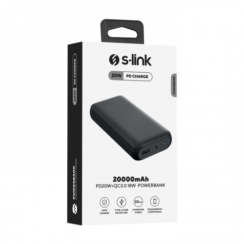 S-LINK P201, 20.000mAh, 2xUSB, 1xType-C, 4 LED Göstergeli, PowerBank Siyah