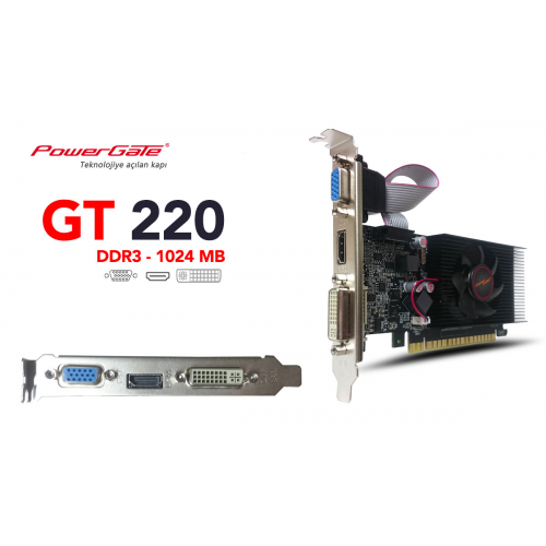 POWERGATE PG-GT220-1G-AR, 1Gb, GDDR3, 128 Bit, 1xD-Sub, 1xDVI, 1xHDMI Ekran Kartı