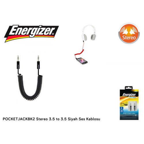 Energizer POCKETJACBK2, 1.5mt, Stereo, 3.5 TO 3.5 Siyah, Spiral, Ses Kablosu