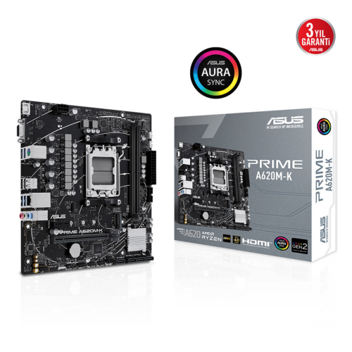ASUS PRIME A620M-K, 2xDDR5, 1x M.2, D-SUB, HDMI, AMD Ryzen 7000 Serisi, AM5 Soket Anakart