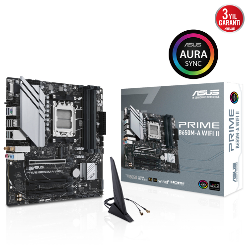 ASUS PRIME B650M-A WIFI II, 4xDDR5, 2x M.2, D-SUB, HDMI, DP, Wi-Fi 6, Bluetooth v5.2, AMD Ryzen 7000 Serisi, AM5 Soket Anakart