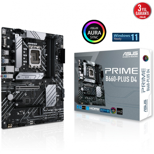 ASUS PRIME B660-PLUS D4, 4xDDR4, 3x M.2, HDMI, DP, D-DUB, 12.Nesil, LGA1700 Soket, ARGB Gaming Anakart