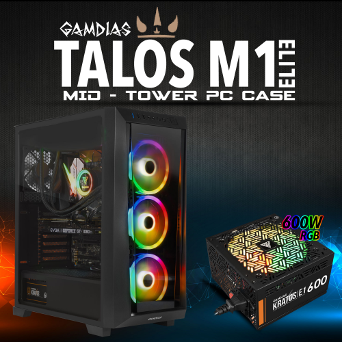 GAMDIAS TALOS M1 Elite, Tempered Glass, ARGB, 600W, GAMING KASA