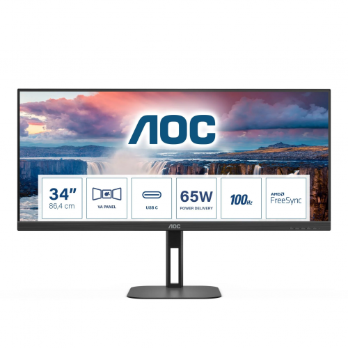 AOC U34V5C/BK 34&quot; 4ms, 100hz, 2K Wide Quad HD, HDMI, DP, USB-C, 3,5mm Kulaklık, VA Panel Monitör