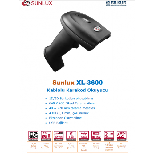SUNLUX XL-3600, EL Tipi, Laser, USB Kablolu, 1D ve 2D Karekod, Barkod Okuyucu